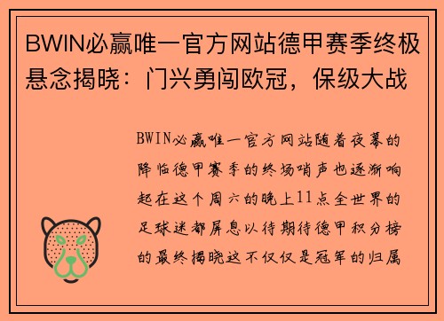 BWIN必赢唯一官方网站德甲赛季终极悬念揭晓：门兴勇闯欧冠，保级大战扣人心弦 - 副本